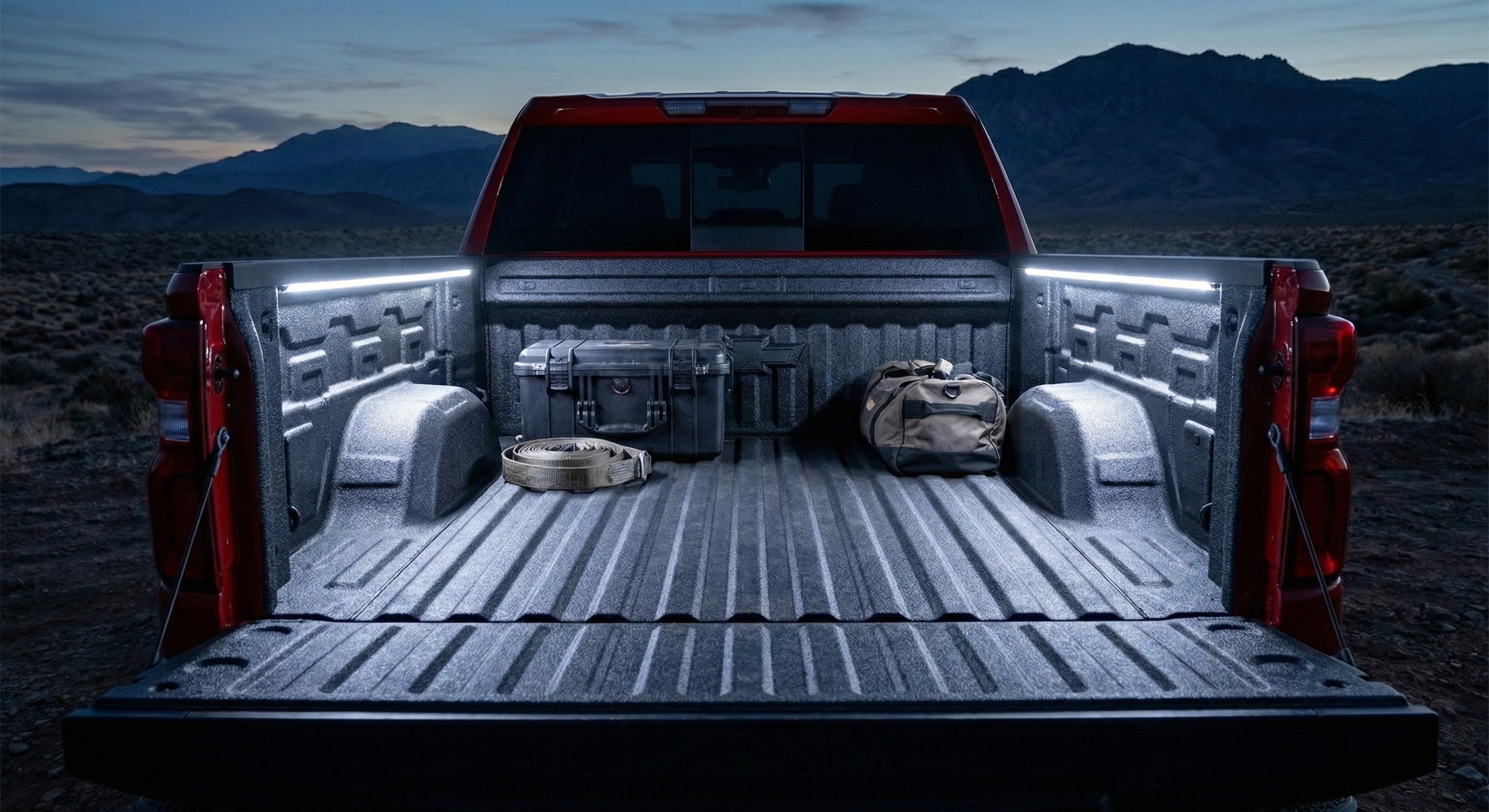 2026 Silverado Trail Boss truck bed with spray-in liner, LED cargo lighting, and 120V power outlet